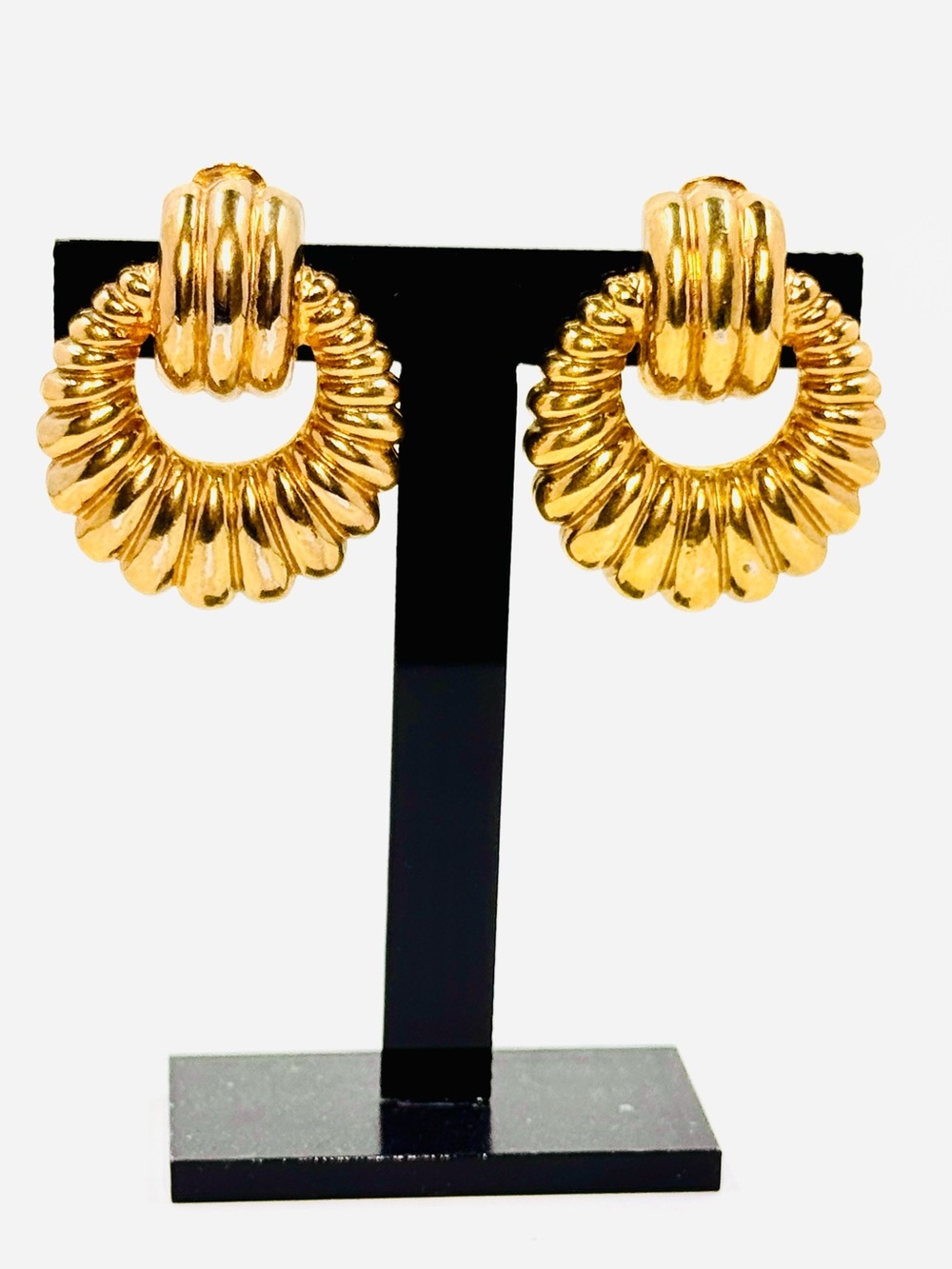 Kenneth Jay Lane Vintage Polished Gold Tone Ribbed Doorknocker Clip-On Earrings